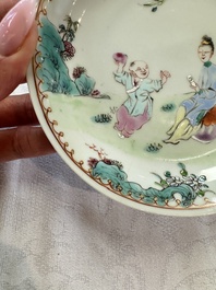 Three sets of Chinese famille rose 'Elegant Beauty and Boy' cups and saucers, Qianlong