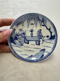 Six Chinese blue and white 'Scholar in a Garden' cups and saucers, Yongzheng