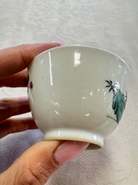 Three sets of Chinese famille rose 'Elegant Beauty and Boy' cups and saucers, Qianlong