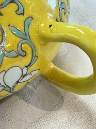Three Chinese famille rose blue- and yellow-ground teapots and covers for the Straits or Peranakan market, Tongzhi marks, 19th C.
