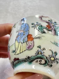 Three sets of Chinese famille rose 'Elegant Beauty and Boy' cups and saucers, Qianlong