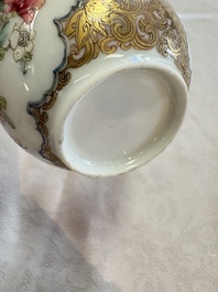 A fine Chinese Canton famille rose gilt-decorated cup and saucer with figural design, Yongzheng/Qianlong