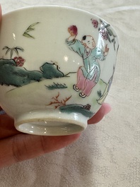 Three sets of Chinese famille rose 'Elegant Beauty and Boy' cups and saucers, Qianlong