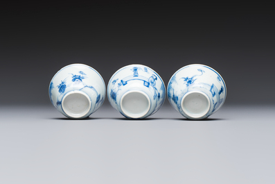 Six Chinese blue and white 'Scholar in a Garden' cups and saucers, Yongzheng