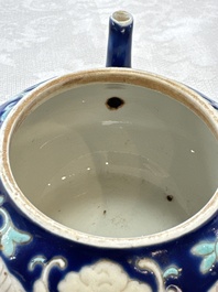 Three Chinese famille rose blue- and yellow-ground teapots and covers for the Straits or Peranakan market, Tongzhi marks, 19th C.