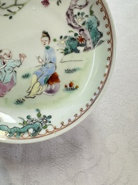 Three sets of Chinese famille rose 'Elegant Beauty and Boy' cups and saucers, Qianlong