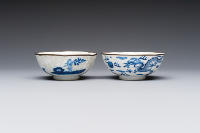 Four Chinese blue and white 'Bleu de Hue' cups and two bowls, various marks, 19th C.