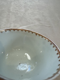 Three sets of Chinese famille rose 'Elegant Beauty and Boy' cups and saucers, Qianlong