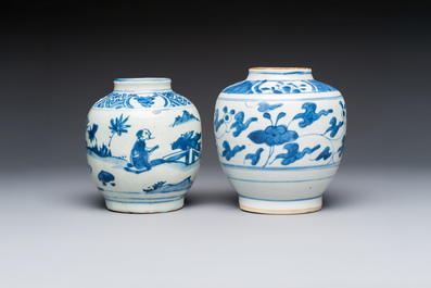 Two Chinese blue and white jars with figural and floral design, late Ming
