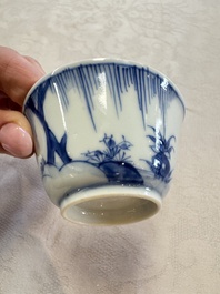 Six Chinese blue and white 'Scholar in a Garden' cups and saucers, Yongzheng
