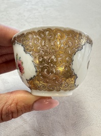 A fine Chinese Canton famille rose gilt-decorated cup and saucer with figural design, Yongzheng/Qianlong