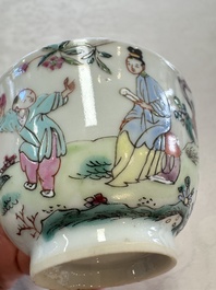 Three sets of Chinese famille rose 'Elegant Beauty and Boy' cups and saucers, Qianlong
