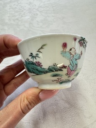 Three sets of Chinese famille rose 'Elegant Beauty and Boy' cups and saucers, Qianlong