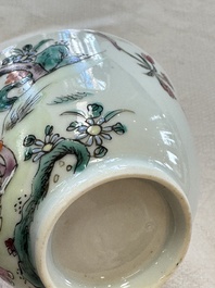 Three sets of Chinese famille rose 'Elegant Beauty and Boy' cups and saucers, Qianlong