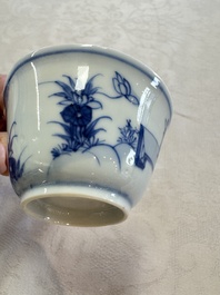 Six Chinese blue and white 'Scholar in a Garden' cups and saucers, Yongzheng