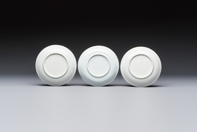 Six Chinese blue and white 'Scholar in a Garden' cups and saucers, Yongzheng