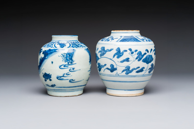 Two Chinese blue and white jars with figural and floral design, late Ming