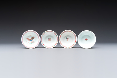 Four Chinese famille rose cups and saucers, Yongzheng/Qianlong