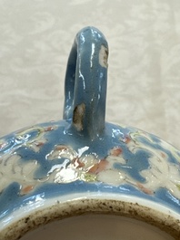 Three Chinese famille rose blue- and yellow-ground teapots and covers for the Straits or Peranakan market, Tongzhi marks, 19th C.