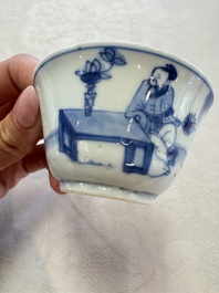 Six Chinese blue and white 'Scholar in a Garden' cups and saucers, Yongzheng