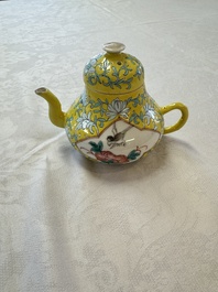 Three Chinese famille rose blue- and yellow-ground teapots and covers for the Straits or Peranakan market, Tongzhi marks, 19th C.