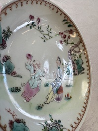 Three sets of Chinese famille rose 'Elegant Beauty and Boy' cups and saucers, Qianlong