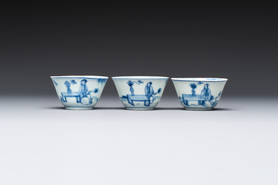 Six Chinese blue and white 'Scholar in a Garden' cups and saucers, Yongzheng
