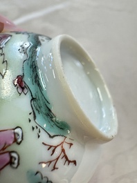 Three sets of Chinese famille rose 'Elegant Beauty and Boy' cups and saucers, Qianlong