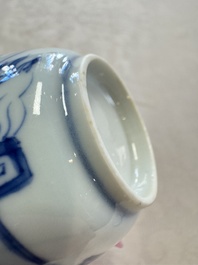 Six Chinese blue and white 'Scholar in a Garden' cups and saucers, Yongzheng