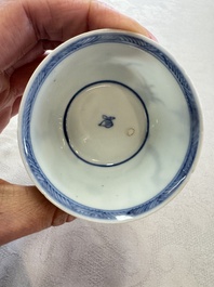 Six Chinese blue and white 'Scholar in a Garden' cups and saucers, Yongzheng