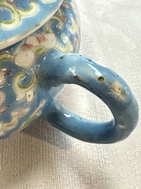 Three Chinese famille rose blue- and yellow-ground teapots and covers for the Straits or Peranakan market, Tongzhi marks, 19th C.
