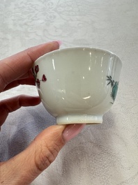 Three sets of Chinese famille rose 'Elegant Beauty and Boy' cups and saucers, Qianlong