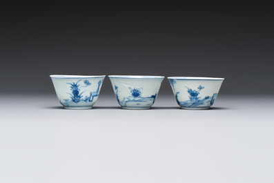 Six Chinese blue and white 'Scholar in a Garden' cups and saucers, Yongzheng