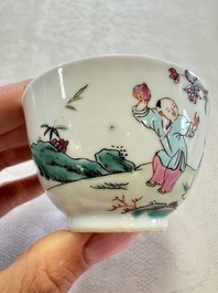 Three sets of Chinese famille rose 'Elegant Beauty and Boy' cups and saucers, Qianlong