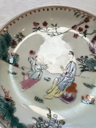 Three sets of Chinese famille rose 'Elegant Beauty and Boy' cups and saucers, Qianlong