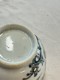 Three sets of Chinese famille rose 'Elegant Beauty and Boy' cups and saucers, Qianlong