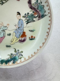Three sets of Chinese famille rose 'Elegant Beauty and Boy' cups and saucers, Qianlong