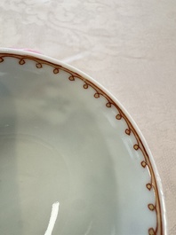Three sets of Chinese famille rose 'Elegant Beauty and Boy' cups and saucers, Qianlong