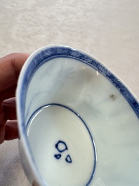 Six Chinese blue and white 'Scholar in a Garden' cups and saucers, Yongzheng