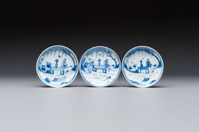 Six Chinese blue and white 'Scholar in a Garden' cups and saucers, Yongzheng