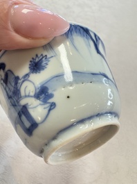 Six Chinese blue and white 'Scholar in a Garden' cups and saucers, Yongzheng