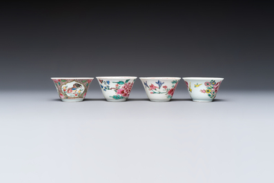 Four Chinese famille rose cups and saucers, Yongzheng/Qianlong