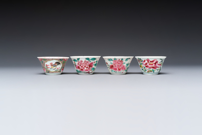 Four Chinese famille rose cups and saucers, Yongzheng/Qianlong