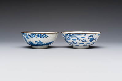 Four Chinese blue and white 'Bleu de Hue' cups and two bowls, various marks, 19th C.