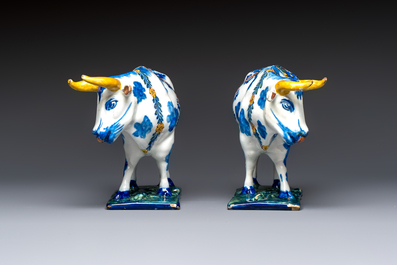 A pair of polychrome Dutch Delft cows, 18th C.