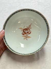 A Chinese famille verte relief-carved bowl with gilt iron-red floral design, Kangxi