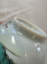 Three sets of Chinese famille rose 'Elegant Beauty and Boy' cups and saucers, Qianlong