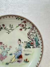 Three sets of Chinese famille rose 'Elegant Beauty and Boy' cups and saucers, Qianlong