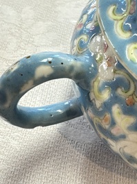 Three Chinese famille rose blue- and yellow-ground teapots and covers for the Straits or Peranakan market, Tongzhi marks, 19th C.