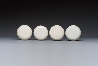 Four Chinese white-glazed boxes and covers with incised floral design from the Jepara shipwreck, Dehua or Anxi kiln, Song